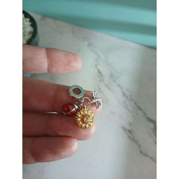 Ladybug Sunflower and Dragonfly Tri Dangle Charm S925 Silver 14K Gold Plated - Picture 11 of 11